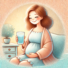  Femme enceinte heureuse tenant un verre d’eau dans un cadre chaleureux, illustrant l’importance de l’hydratation pour le bien-être.