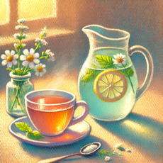 Tasse de tisane et carafe d’eau infusée sur une table, symbolisant les boissons conseillées pendant la grossesse.