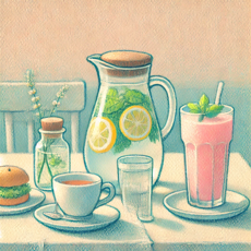 Carafe d’eau infusée, tasse de tisane et smoothie sur une table, représentant différentes recettes hydratantes pour la grossesse.

