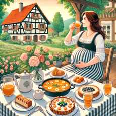 "Illustration des traditions culinaires alsaciennes pour la grossesse : une table garnie de plats locaux comme une soupe, une tarte aux fruits et des infusions, avec une future maman assise près de la table."