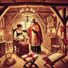 "Illustration des rituels de maternité en Alsace : une bénédiction prénatale dans une maison traditionnelle avec des objets protecteurs, une future maman entourée par sa famille."
