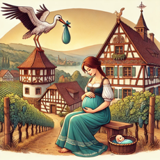 "Illustration des croyances alsaciennes autour de la maternité : une cigogne perchée sur une maison à colombages, tenant un baluchon, avec une future maman assise dans un cadre paisible."