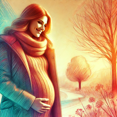 "Illustration artistique et colorée d'une femme enceinte debout à l'extérieur, souriant paisiblement, vêtue d'un manteau épais et d'une écharpe, dans un cadre hivernal serein."