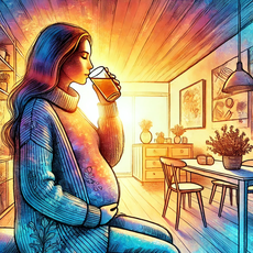 astuces pour te protéger du froid pendant la grossesse
"Illustration artistique et colorée d'une femme enceinte assise à l'intérieur, buvant de l'eau ou une tisane, dans un cadre chaleureux et accueillant."