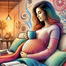 "Illustration artistique et colorée d'une femme enceinte assise sur un canapé, sous une couverture chaude, tenant une tasse de thé fumante, dans une ambiance cocooning et relaxante."