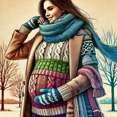 "Illustration artistique et colorée d'une femme enceinte ajustant son écharpe, habillée de plusieurs couches de vêtements chauds, représentant le confort et la chaleur en hiver."