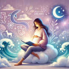 "Illustration artistique et sereine d'une femme enceinte assise sur un nuage, tenant un carnet lumineux dans les mains. Autour d'elle flottent des symboles oniriques tels que des animaux, des vagues et des éclats de lumière, représentant l'interprétation des rêves pendant la grossesse, dans une ambiance douce aux tons pastel."