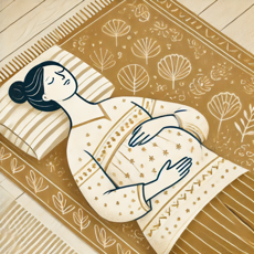 Femme enceinte allongée sur un tapis de yoga, pratiquant la respiration abdominale avec les mains sur le ventre et la poitrine, dans un environnement apaisant