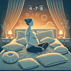 Femme enceinte allongée sur son lit, entourée de coussins, pratiquant la respiration en 4-7-8 dans une ambiance tamisée et relaxante.