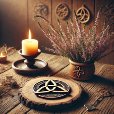 "Pratiques traditionnelles pour femmes enceintes en Bretagne : Une table rustique avec un talisman en triskel, une branche de bruyère et une bougie allumée, symboles de protection pour la grossesse."