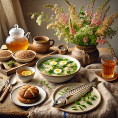 "Pratiques alimentaires en Bretagne : Une table avec une soupe de poisson à l’armoricaine, une galette de sarrasin, et une infusion de plantes locales pour les femmes enceintes."