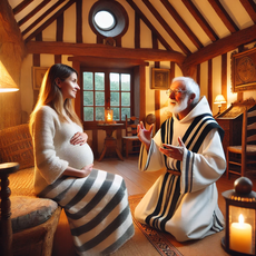 "Chants et prières bretons pour la grossesse : Un ancien en tenue traditionnelle chantant un kan ha diskan à une future maman, dans une ambiance chaleureuse et spirituelle."