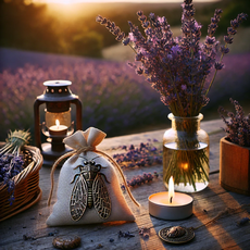 "Pratiques traditionnelles pour femmes enceintes en Provence : Une table rustique en extérieur avec un sachet de lavande, un pendentif cigale et une bougie allumée, symbolisant les croyances de grossesse en Provence.