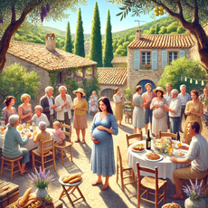 Grossesse et Traditions Provençales
"Rituels de maternité provençaux : Une célébration communautaire dans un village provençal, avec une future maman entourée de proches dans une ambiance chaleureuse."
