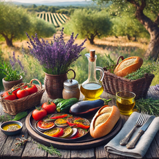"Cuisine provençale pour la grossesse : Une table rustique avec de la ratatouille, des navettes de Marseille, de l’huile d’olive, et des herbes fraîches, symbolisant les traditions culinaires pour les futures mamans."