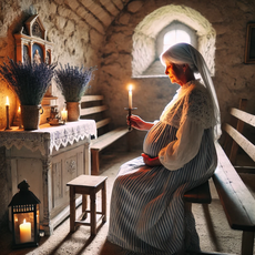 "Chants et prières provençaux pour la grossesse : Une femme âgée en tenue traditionnelle allumant une bougie dans une chapelle, symbolisant la spiritualité en Provence."