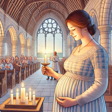 "Illustration des chants et légendes normandes autour de la maternité : une future maman dans une chapelle allumant une bougie bénite, accompagnée de chants traditionnels en arrière-plan."
