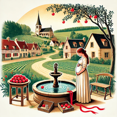 "Illustration des croyances autour de la grossesse en Normandie : une future maman près d’une fontaine sacrée, avec des pommes et des rubans rouges, entourée de paysages bucoliques."