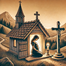 Illustration d’une petite chapelle en Auvergne nichée dans les montagnes, avec une femme enceinte près d’une bougie allumée, représentant les chants, légendes et spiritualité auvergnates autour de la maternité.