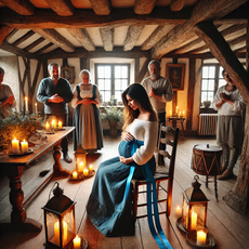 "Illustration des rituels de maternité en Normandie : une future maman recevant une bénédiction prénatale dans une maison normande, entourée de sa famille avec des bougies et des rubans symboliques."