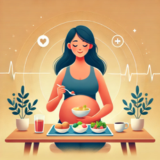 Illustration d'une femme enceinte mangeant plusieurs petites portions de repas équilibrés pour soulager le reflux gastrique pendant la grossesse.