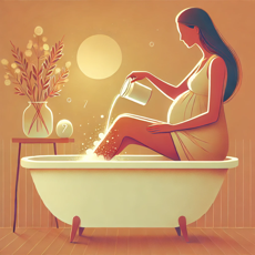 Illustration minimaliste et chaleureuse d’une femme enceinte assise sur le bord d’une baignoire, versant délicatement de l’eau fraîche sur ses jambes pour soulager la sensation de jambes lourdes et améliorer la circulation sanguine.