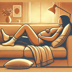 Illustration minimaliste et chaleureuse d’une femme enceinte allongée sur un canapé, les jambes surélevées sur un coussin, profitant d’un moment de détente pour améliorer la circulation et soulager les jambes lourdes.