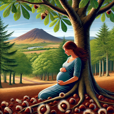 Illustration d’une femme enceinte près d’un châtaignier, symbolisant les croyances autour de la grossesse en Auvergne.