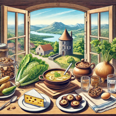 Une table rustique garnie de plats traditionnels auvergnats, illustrant l’alimentation et bien-être des grossesse et traditions auvergnates.