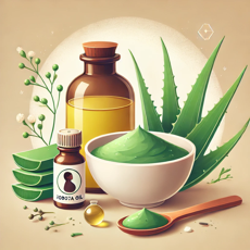 Illustration d’ingrédients naturels pour les soins de la peau pendant la grossesse, incluant de l’argile verte, de l’huile de jojoba, une feuille d’aloe vera et de la lavande.
