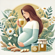 Illustration d'une femme enceinte buvant une tisane apaisante à base de camomille et de gingembre pour soulager le reflux gastrique pendant la grossesse.