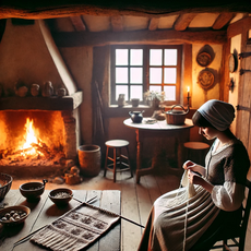 Grossesse et Traditions Lorraines
"Scène chaleureuse à l'intérieur d'une ferme traditionnelle lorraine. Une femme enceinte en tenue régionale tricote des vêtements pour bébé près d'un feu de cheminée, illustrant les croyances et rituels de maternité lorrains."
