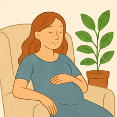 Femme enceinte sereine, main sur le ventre, illustrant l'écoute du corps pendant la grossesse