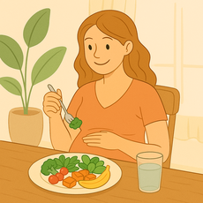 Manger en pleine conscience pendant la grossesse : femme enceinte dégustant un repas coloré avec sérénité