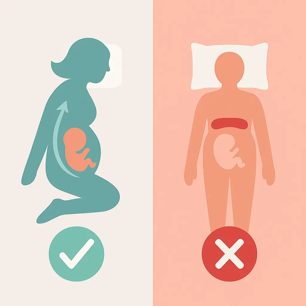 Illustration comparant deux positions pour dormir enceinte : côté gauche recommandé avec flèche de bonne circulation sanguine ✅, et sur le dos déconseillé avec compression veine cave ❌