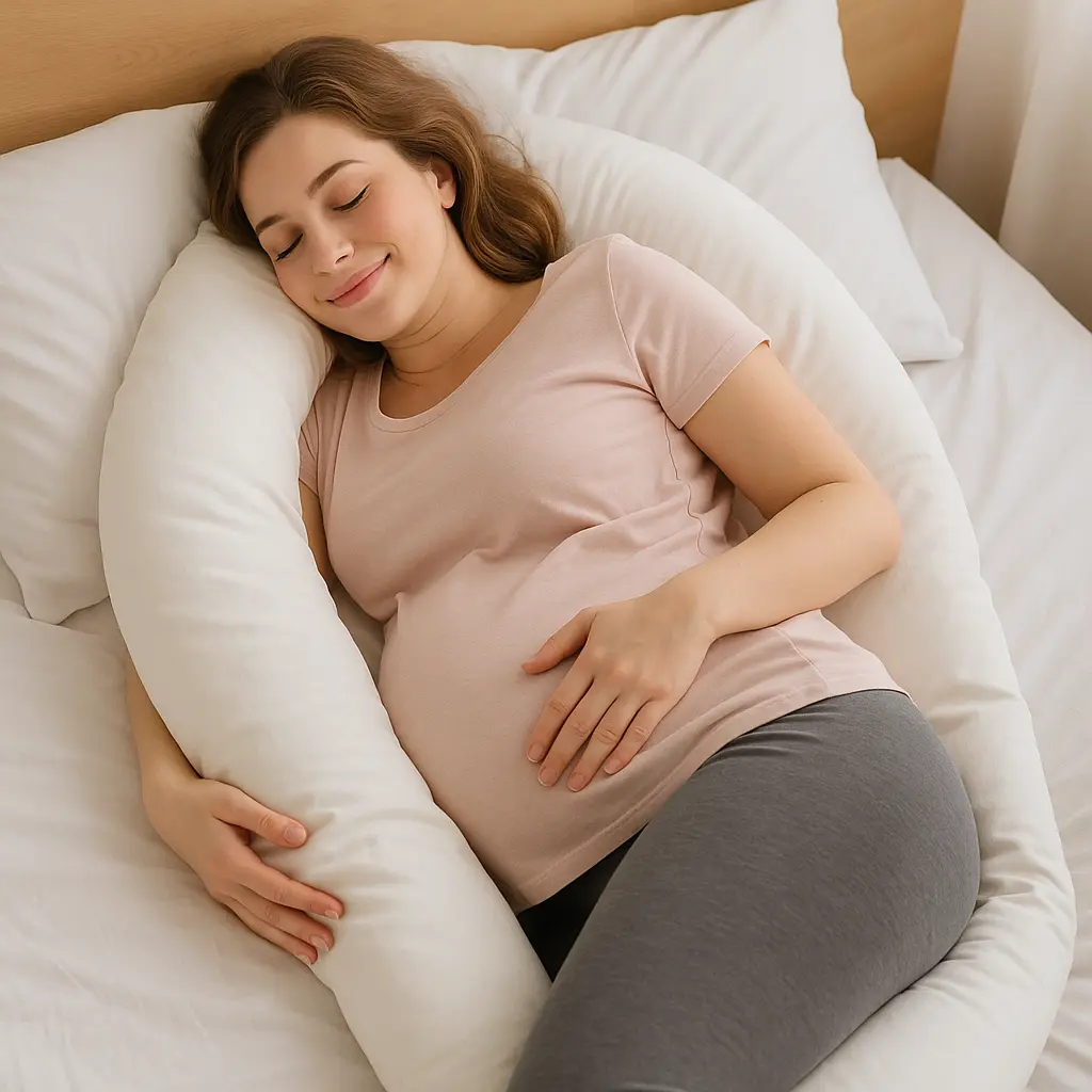 Femme enceinte dormant paisiblement sur le côté gauche avec un coussin de grossesse en U, dans une chambre cocooning