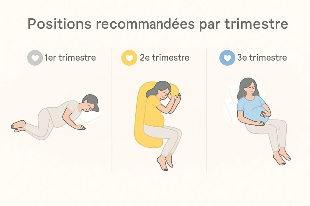 Infographie montrant les positions recommandées pour dormir enceinte selon chaque trimestre : 1er trimestre toutes positions possibles, 2e trimestre côté gauche avec coussin de grossesse, 3e trimestre semi-assise ou sur le côté gauche avec soutien de coussins.