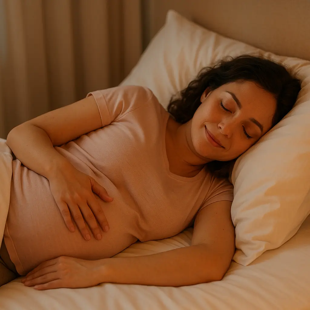 Femme enceinte dormant paisiblement sur le côté gauche, main posée sur son ventre rond, dans une chambre douce et cocooning éclairée par une lumière tamisée