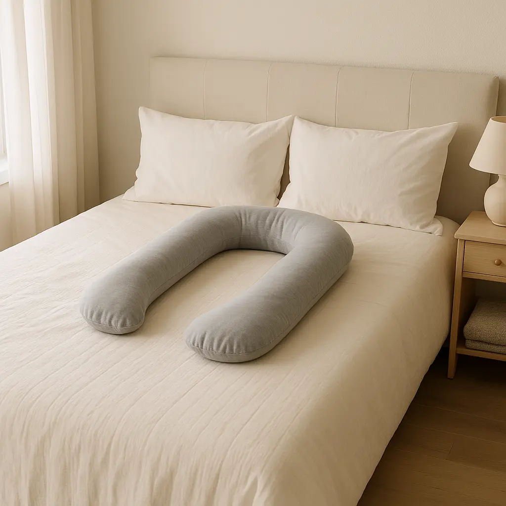 Lit douillet avec un coussin de grossesse en U gris posé au centre, dans une chambre lumineuse et cocooning avec des tons clairs