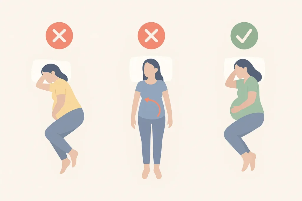 Illustration des positions de sommeil pendant la grossesse : dormir sur le ventre ❌ déconseillé, dormir sur le dos ❌ déconseillé au 3ᵉ trimestre, dormir sur le côté gauche ✅ recommandé.