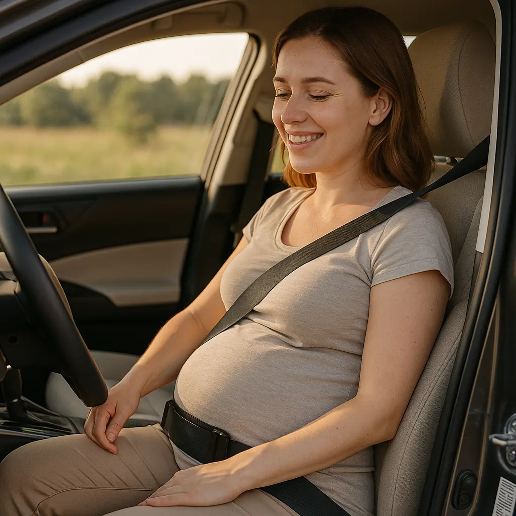 Une femme enceinte souriante dans sa voiture, portant une ceinture spéciale grossesse bien positionnée