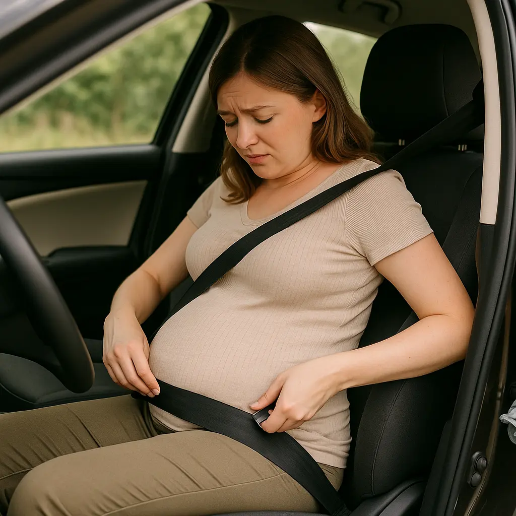 Une femme enceinte attachant une ceinture de sécurité classique