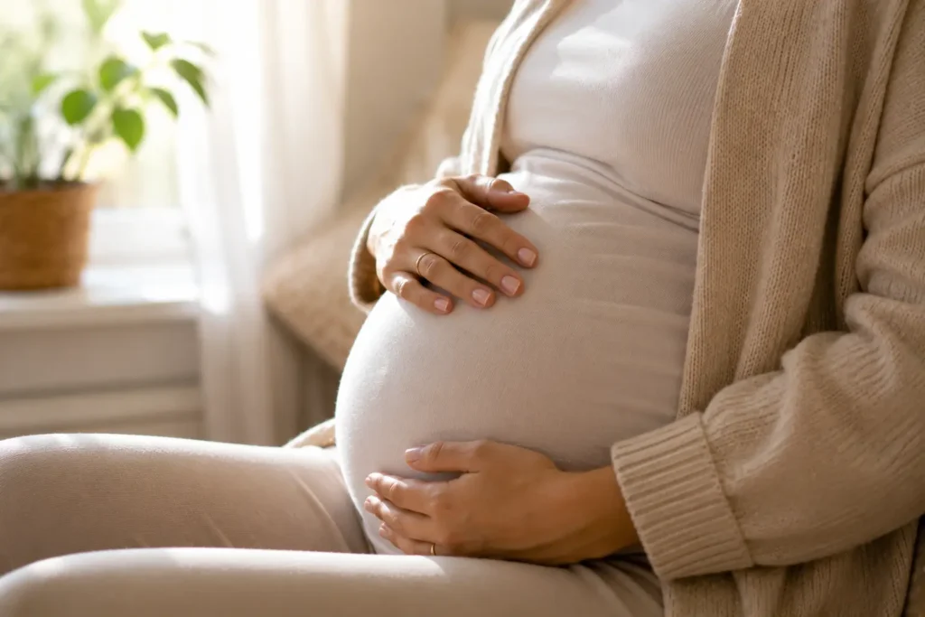 Main posée sur le ventre pour sentir bébé bouger