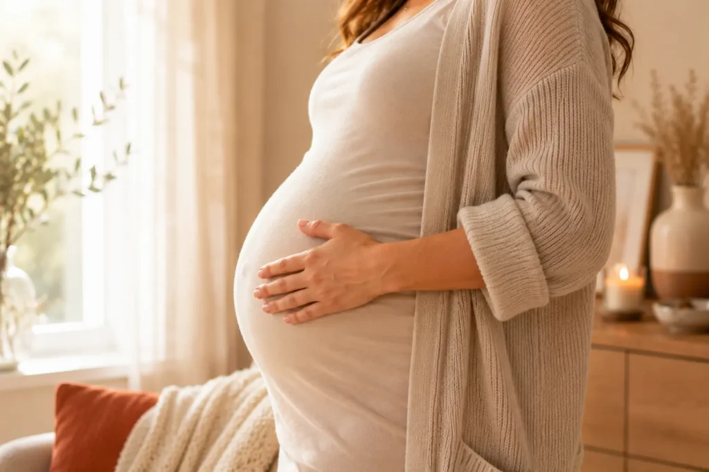 Main posée doucement sur le ventre pendant la grossesse